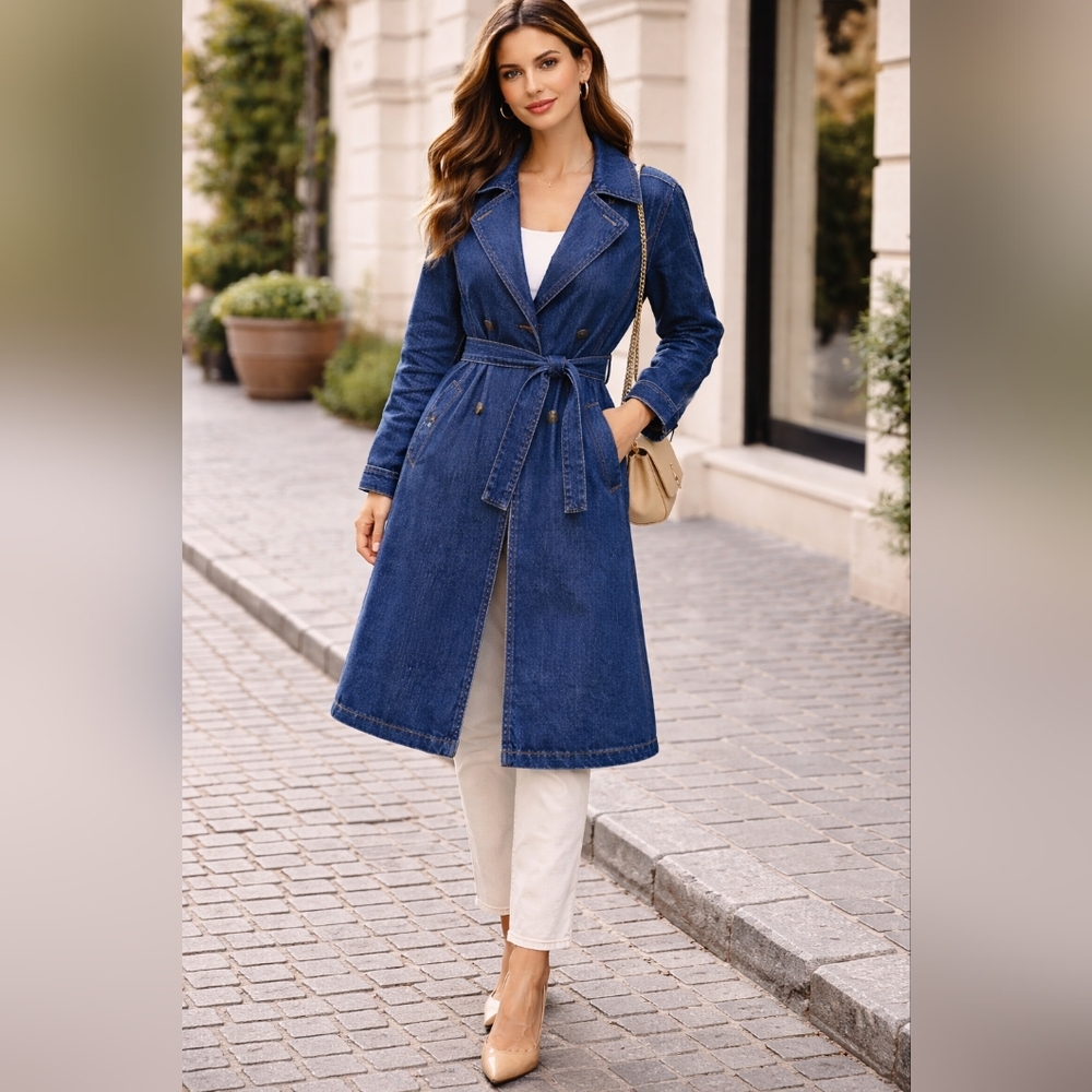 Universal Thread Long Denim Trench Coat Belted Jacket‎ Size S NWT
